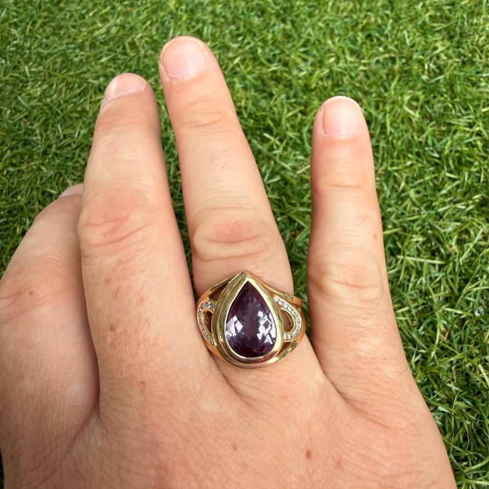 Vintage 10K Yellow Gold Pear Cut‎ Purple Amethyst Statement Cocktail Ring Size 8